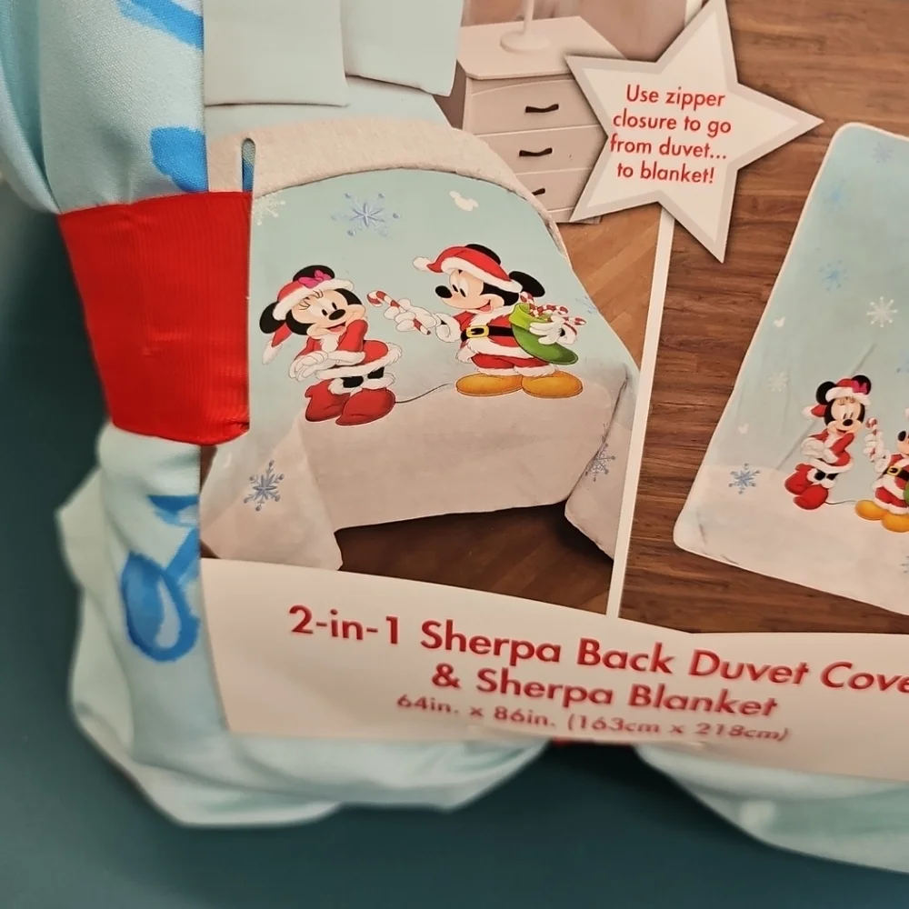 NWT Christmas Disney 2-in-1 Mickey Minnie Mouse Sherpa Twin Duvet Cover Blanket